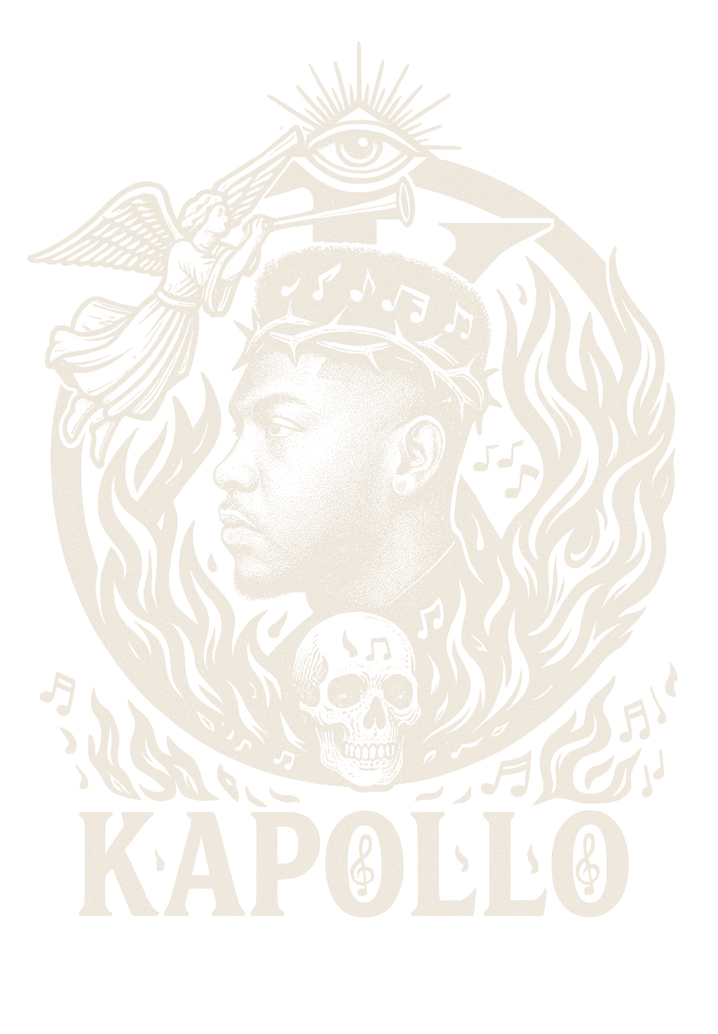 KAPOLLO emblem — engraved profile crowned with thorns and music notes, ringed by flame.