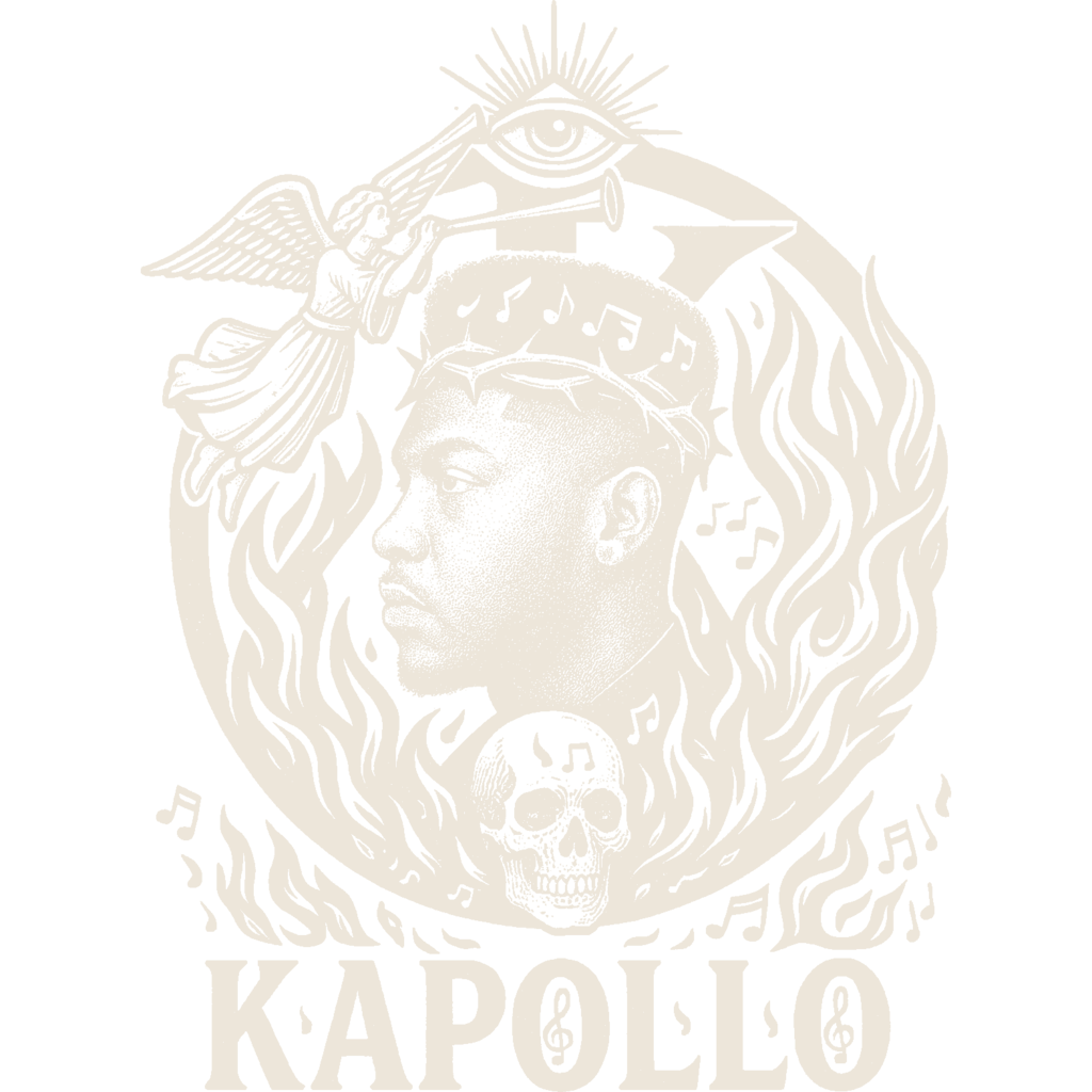 KAPOLLO emblem in ivory: stipple engraving of a profile head in a crown of thorns, halo of music notes, ring of flames.